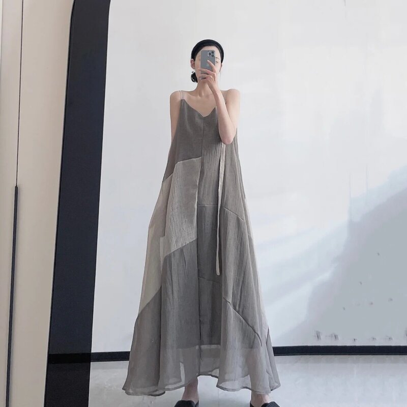 Letnia sztuka Retro kontrastowa nieregularna długa sukienka na szelkach z oddychającą lnem i kostką bez rękawów dla kobiet