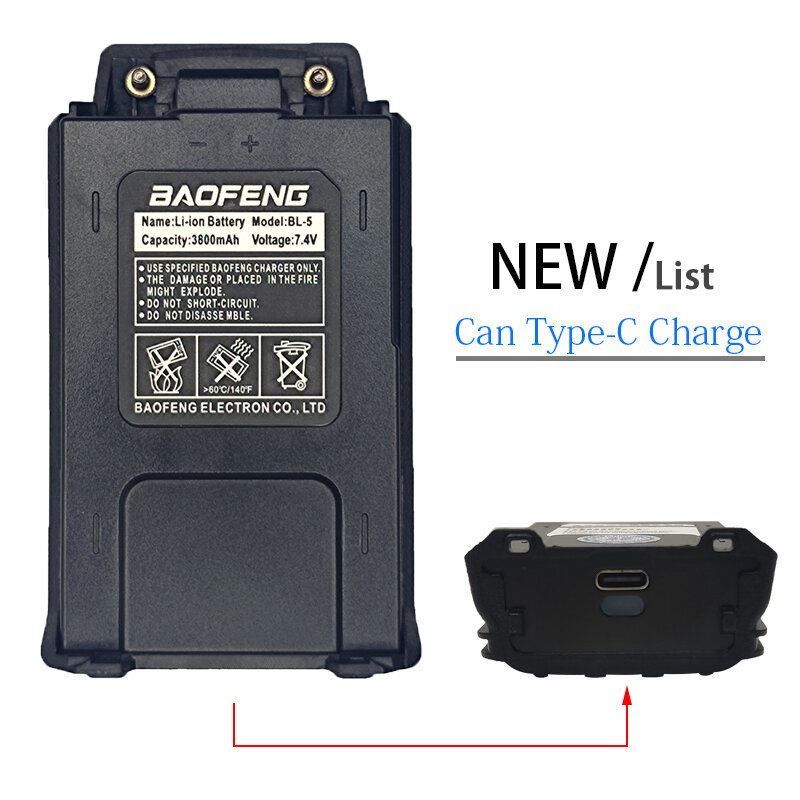 BAOFENG baterai Walkie Talkie UV-5R, BL-5 1800/2600/3800mAh mendukung pengisian daya USB untuk UV5R UV5RA UV5RT UV5RE F8HP F8 +