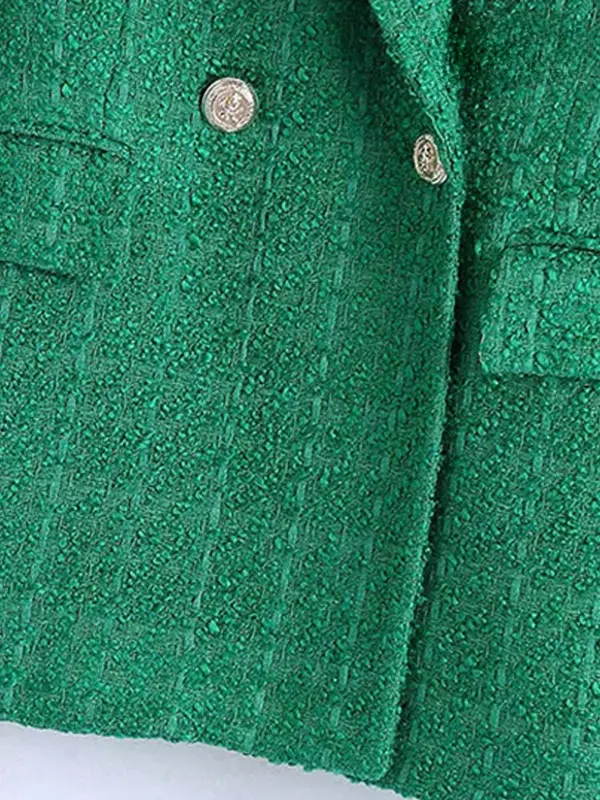 Женский двубортный твидовый Блейзер, винтажный зеленый пиджак с длинными рукавами и карманами с клапаном, верхняя одежда, 2024