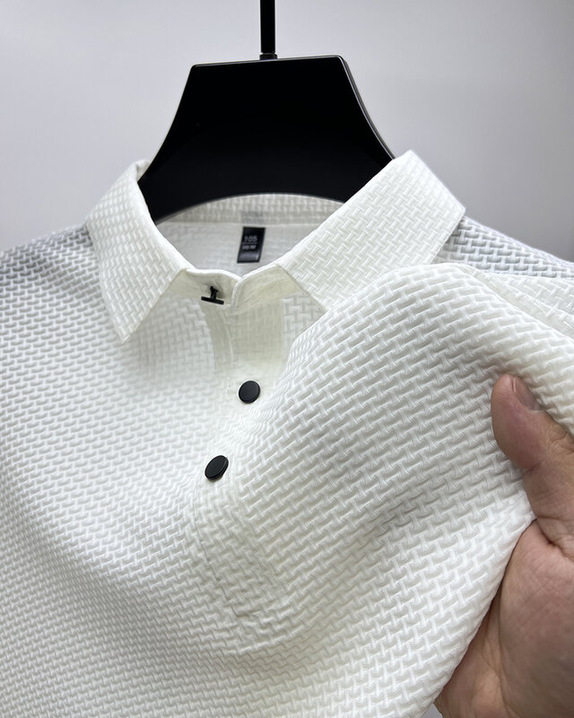 Camisa polo elástica masculina, top manga curta, seda gelo, respirável, roupa de negócios, luxo, tendência, high-end, novo, verão