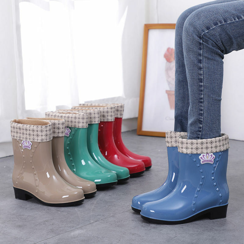 Ho sapatos de chuva femininos, de algodão, cano curto, veludo quente, antiderrapante, para meninas, bota de borracha