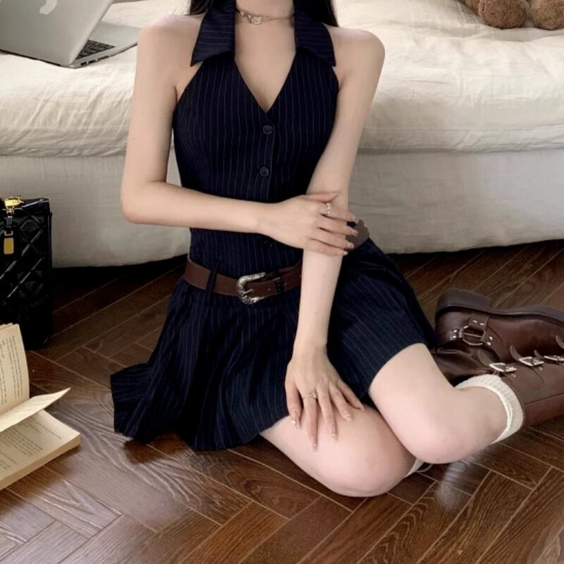 HOUZHOU Striped Mini Women abiti pieghettati Sexy Backless Chic One Piece abito corto senza maniche Streetwear Y2k Hotsweet Dress