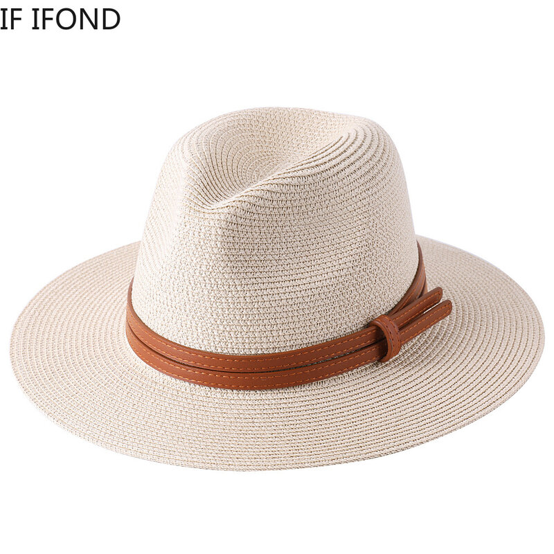 Sombrero de paja con forma de Panamá Natural para hombre y mujer, gorra de playa de ala ancha, protección UV, Fedora, 56-58-59-60cm