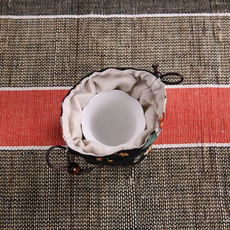 ถุงเก็บกาน้ำชาเครื่องมือชาแบบมีเชือกรูดลายดอกไม้กระเป๋าเก็บถ้วยชาฝ้ายลินิน
