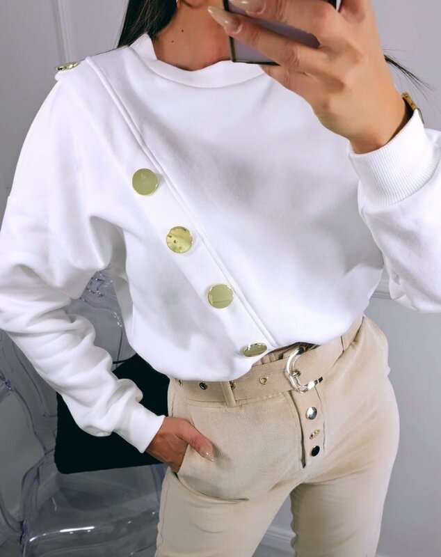 Women Buttoned Round Neck Casual Sweatshirt Female Clothing 2023 New Winter Long Sleeve Loose Fashion Commuting Pullovers