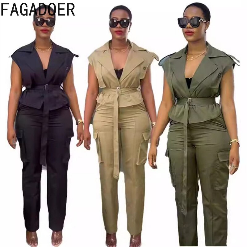 FAGADOER Elegant Office Lady Lace Up Two Piece Sets Women Turndown Collar Sleeveless Top+Cargo Pants Outfits Fashion Streetwear