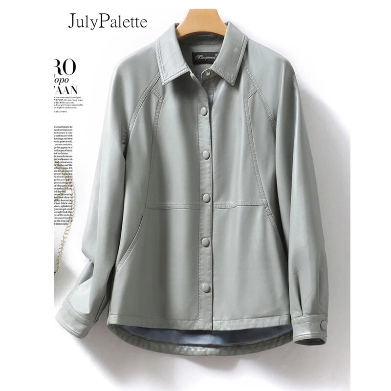 Julypalette M-5XL ผู้หญิงครอบคลุมปุ่ม Lapel Sheepskin เสื้อแจ็คเก็ตหนังแท้หญิงฤดูใบไม้ร่วงฤดูหนาว Outerwear หนัง2022