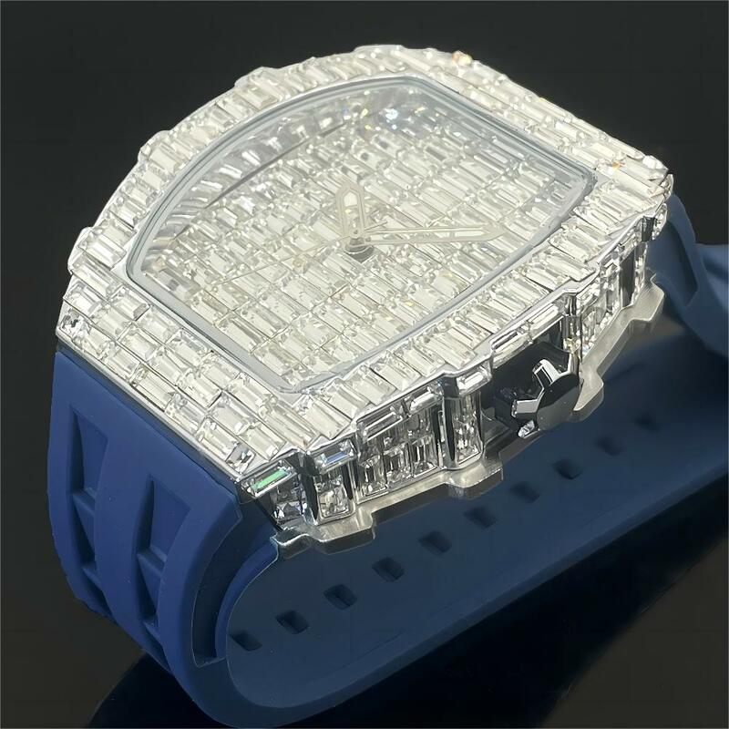 PLADEN-Relógio de quartzo gelado de luxo masculino, hip hop, diamante quadrado, pulseira de silicone, relógio tonneau, marca de moda, esportes
