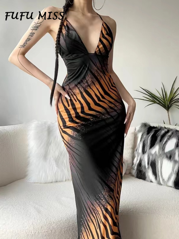 Sexy Print Deep V-neck Long Dress For Women Lace Up Backless Sleeveless Slim Straps Fashion Summer Dresses 2024 Evening Robe