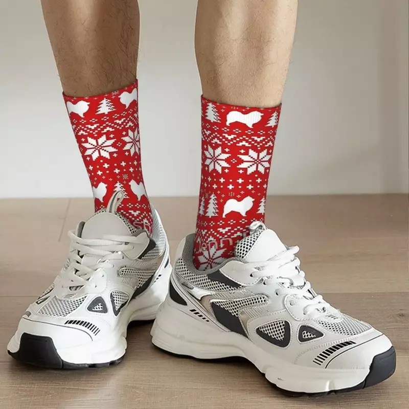 Samoyed Dog Silhouettes Red And White Christmas Holiday Pattern Socks Stockings Long Socks for Man's Woman's Birthday Present