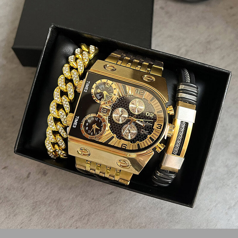 Часы наручные мужские кварцевые, брендовые квадратные золотистые спортивные водонепроницаемые в стиле милитари, подарок парню