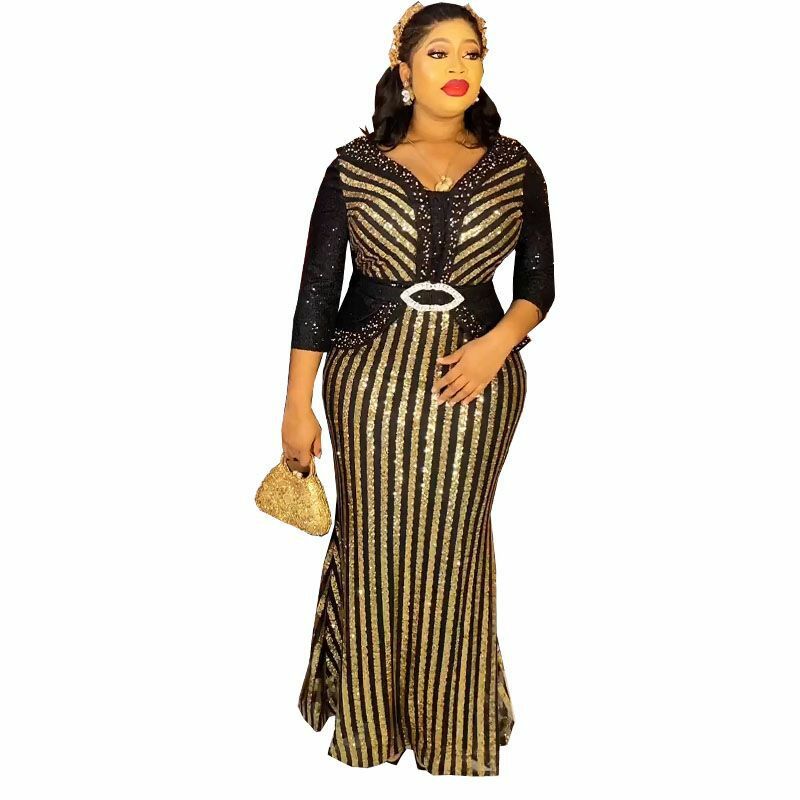 2023 afrikanische Hochzeits feier Kleider für Frauen elegante afrikanische V-Ausschnitt Ärmel Polyester Pailletten lange Maxi kleid afrikanische Kleidung