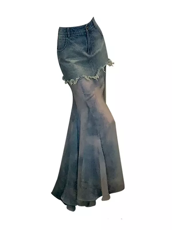 Женская джинсовая юбка в стиле Харадзюку, голубая Повседневная винтажная юбка-Русалка из денима с необработанным краем, в Корейском стиле, Y2k