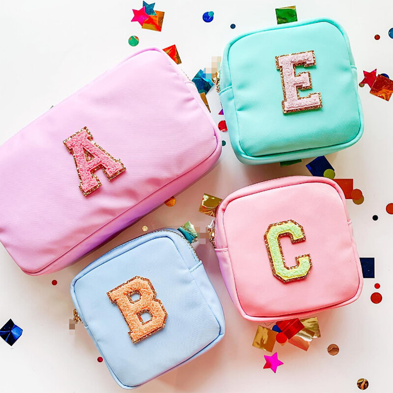 4size Embroidery Patch Personalize Toiletry Pouch Waterproof Women Storage Nylon Travel Makeup Bag Organizer Birthday Party Gift