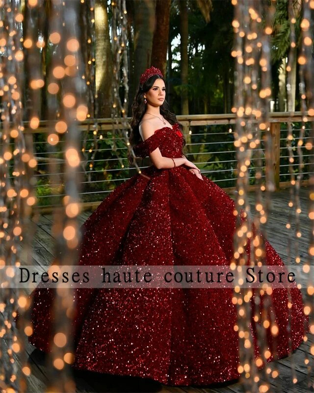 Shiny Red Sequins Sweetheart Quinceanera Dresses Ball Gown 2024 Off Shoulder Sweet 16 Dress Corset vestido de debutante 15 anos