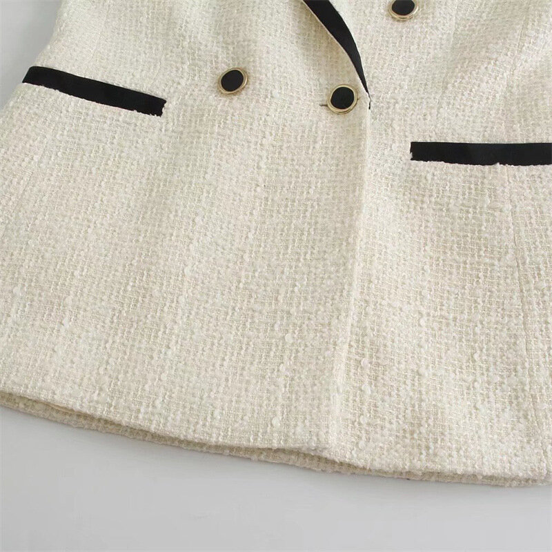 2024 nowych kobiet dwurzędowy tweedowy blezer płaszcz Vintage z długimi rękawami damska odzież wierzchnia jesienno-zimowa kurtka casualowa marynarka