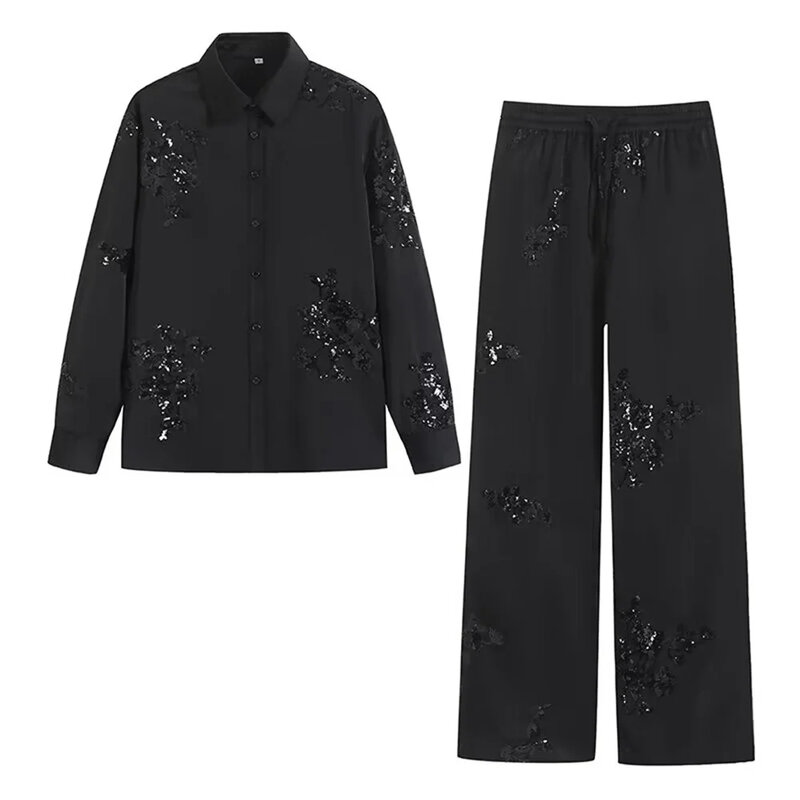 Satin Sleepwear for Women Pajamas Suit 2 Pieces Loose Beaded Decoration Embroidered Shirt Pants Set Homewear Pjs Women Outfits