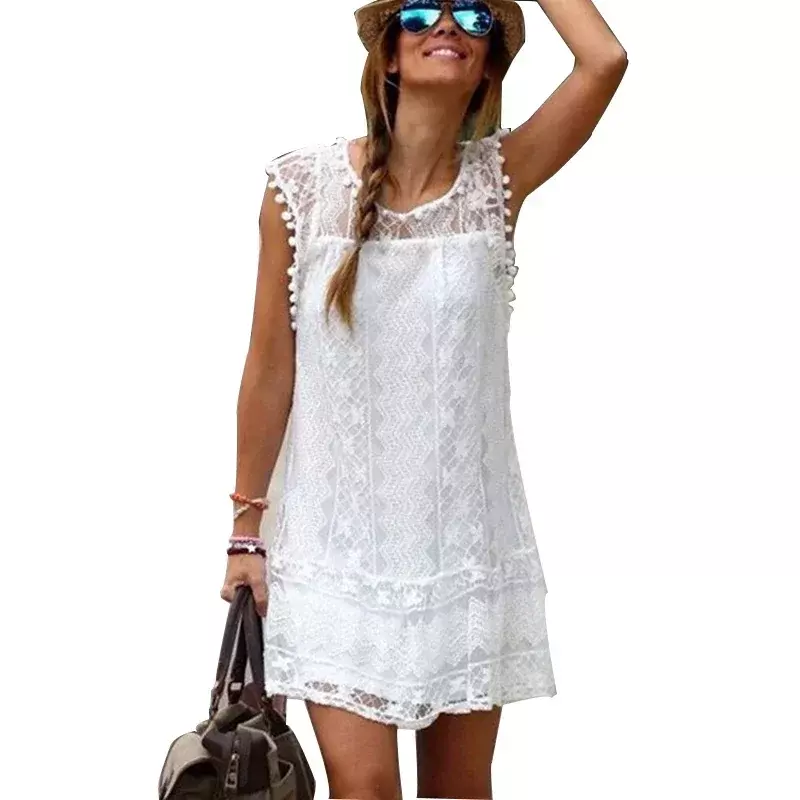 Vestido curto de praia feminino sem mangas branco com borla, mini renda feminina, casual, sexy, verão, 2022