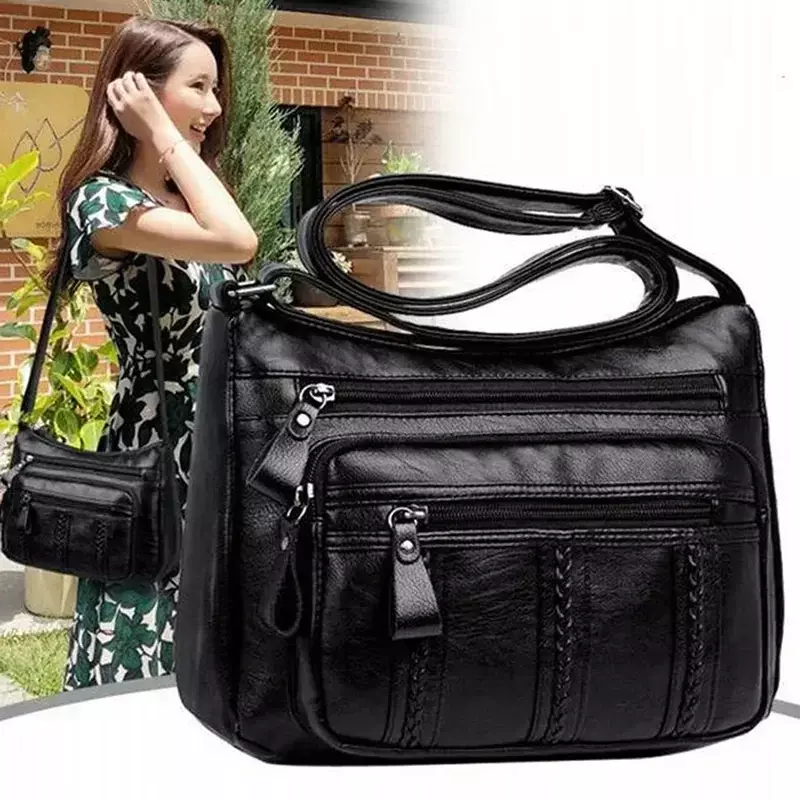 New Casual Female Bag Soft PU Leather Shoulder High-quality Multi-pocket Shoulder Bag Solid Color Ladies Crossbody Bag