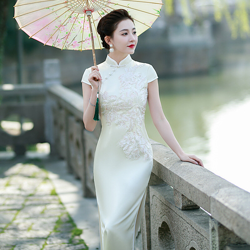 Vestido longo bordado de colarinho mandarim, Cheongsam chinês, elegante vestido de festa à noite, Sexy Split, Vestido Qipao, Plus Size, 5XL