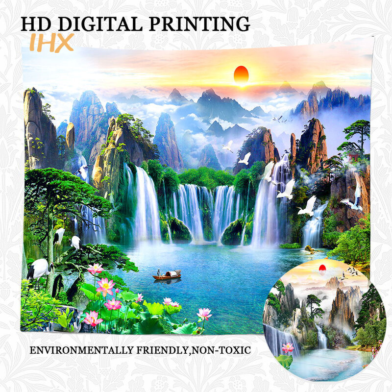 Tapeçaria de parede estilo chinês para decoração de quartos, cachoeira de alta montanha, paisagem natural, suspensão estética, decoração