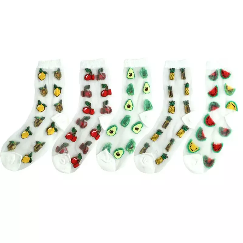 Тонкие прозрачные летние носки в Корейском стиле, женские носки авокадо с фруктами, арбуз, ананас, креативный дизайн, стеклянные кружевные н...