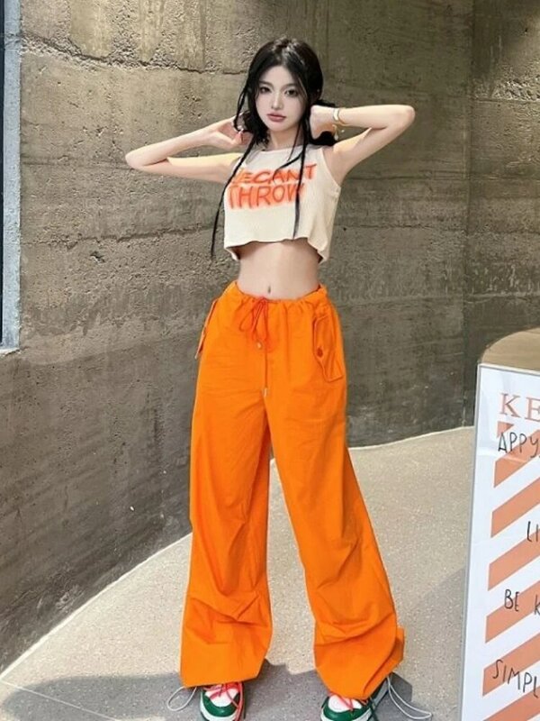 Y2K pantaloni Cargo Streetwear da donna moda coreana pantaloni dritti larghi arancioni Casual Solid tasche a gamba larga pantaloni da jogging