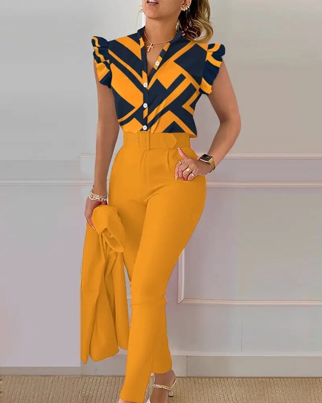 Fashion Women's Set V-neck Sleeveless Printed Shirt and Solid Trousers Pants Set Elegant Tracksuit Ruffled 2 Piece Set Outfits