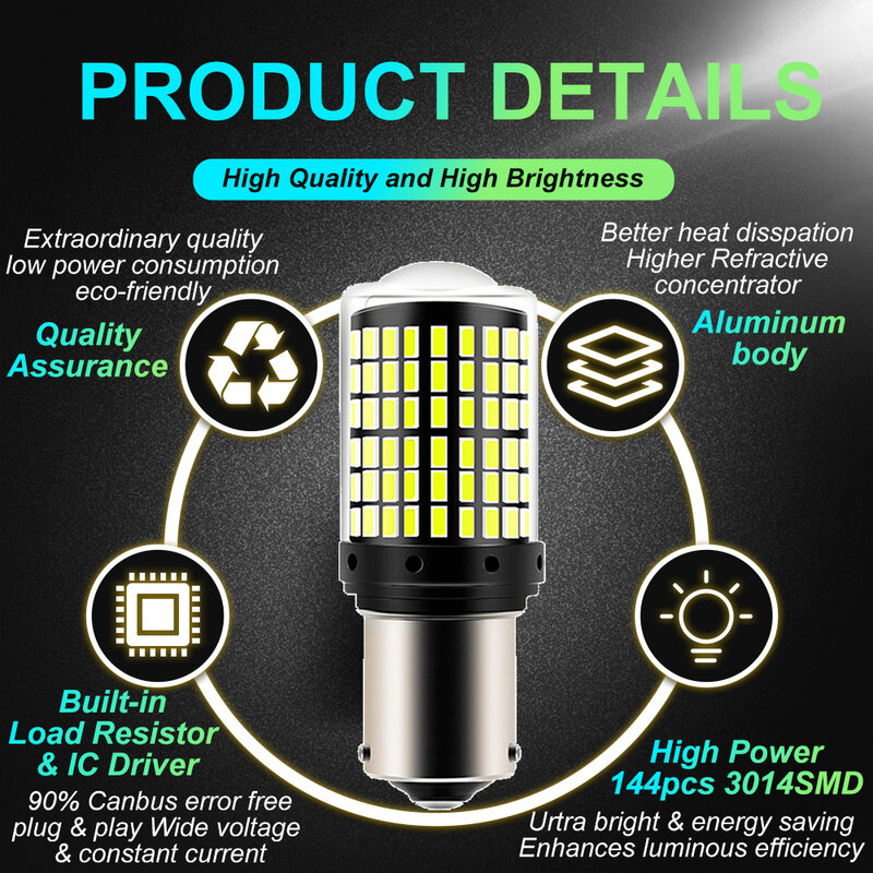 2pcs 1156 BA15S P21W BAU15S PY21W 7440 W21W P21/5W 1157 BAY15D 7443 3157 Ampoules LED 144smd CanBus Lampe Inverse Clignotant