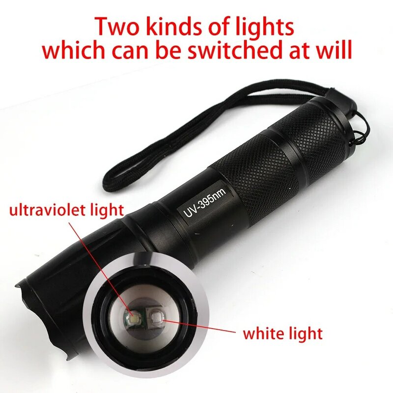 2 em 1 lanterna ultravioleta roxo branco duplo luz zoomable tocha agente fluorescente detecção escorpião caça lanternas uv