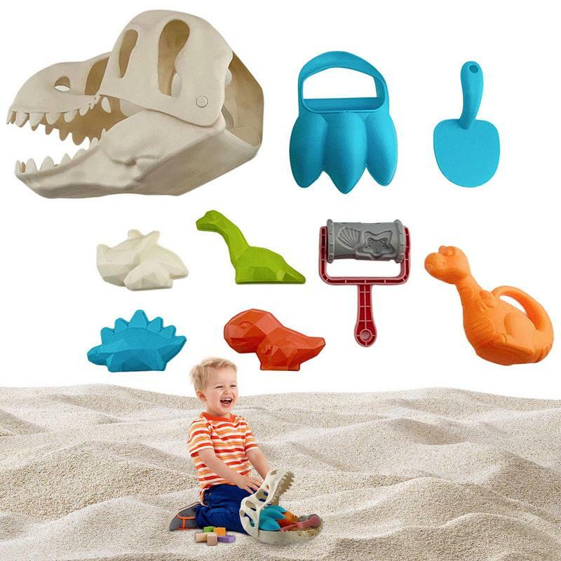 Pala de arena de dinosaurio para niños, de 9 piezas molde de arena, juego de playa de verano al aire libre, desarrollo de habilidades motoras finas, juego de excavación de arena
