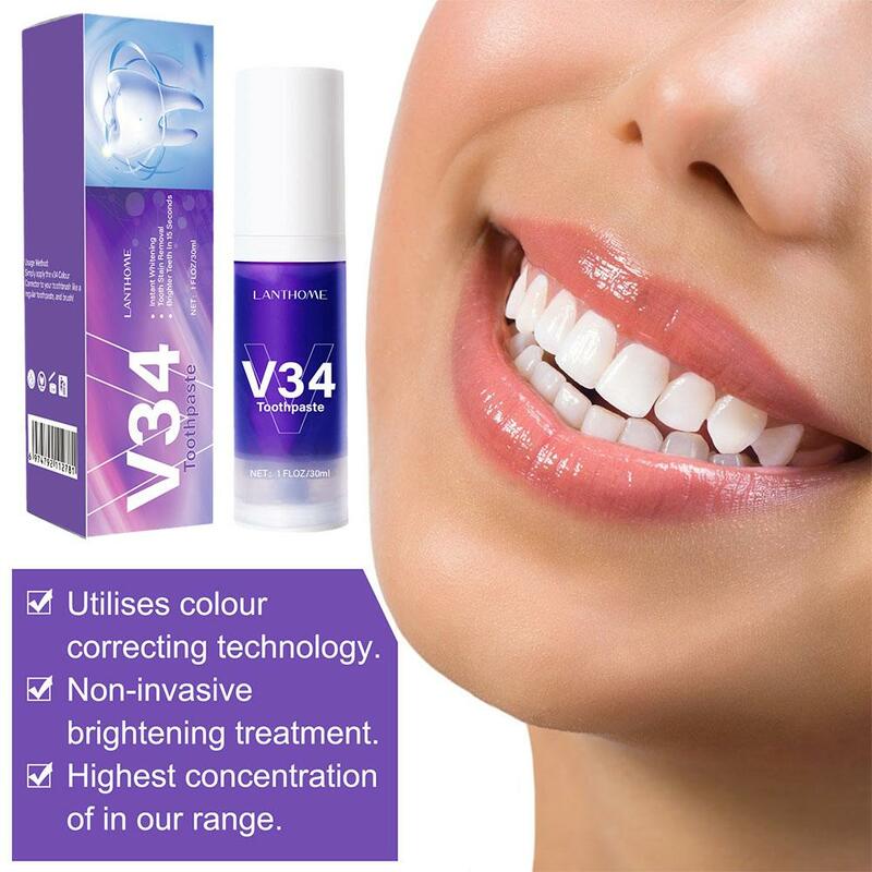 V34 Teeth Whitening Purple Toothpaste Remove Teeth Stain Brightening Whitening Essence Fresh Breath Color Corrector Oral Care