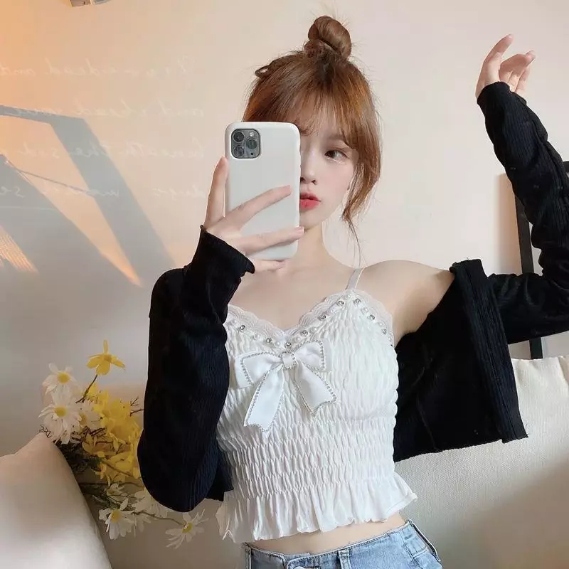 Summer Retro Clothes Harajuku Solid Color Sexy Women's Sweet Elegant Camisole Lace Bow Camisole Women's Pleated Cropped Top