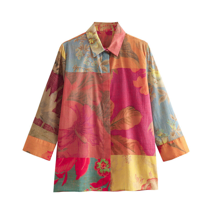 Conjunto de pijamas estampa floral feminino, loungewear, camisa de manga comprida, saia plissada de cintura alta, terno doméstico, 2 peças