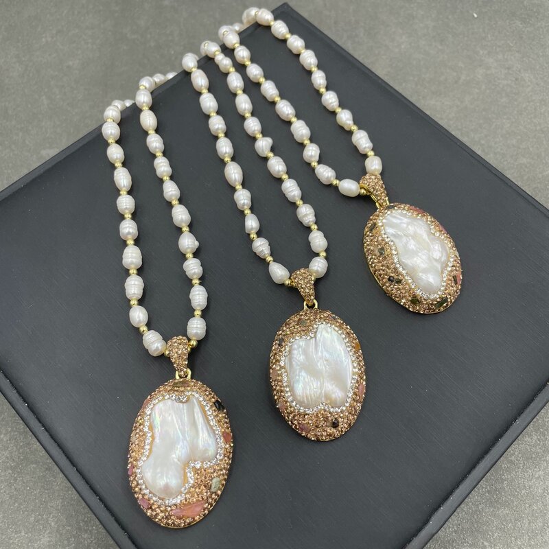 MVN058-collar de turmalina de perlas de agua dulce, joyería de estilo Medieval, diamantes de imitación incrustados alrededor, Color dorado galvanizado
