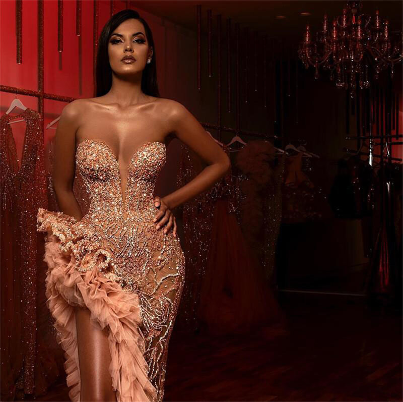 Szampan Blush Mermaid Prom 2023 świecący zroszony Ruffles wysokie rozcięcie Sweetheart arabski suknia okazja suknia