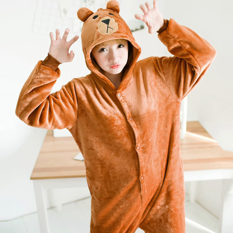 주머니가 달린 다크 브라운 곰 동물 점프수트 잠옷, 세련된 개성, 스포티하고 즐거운 겨울 플러시 홈웨어