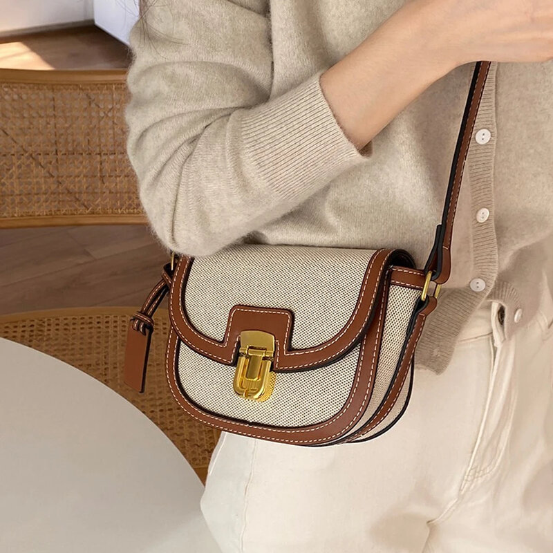 Новинка 2023, маленькая стильная контрастная холщовая Ретро Сумка-седло на одно плечо, роскошная дизайнерская женская сумка-Кроссбоди