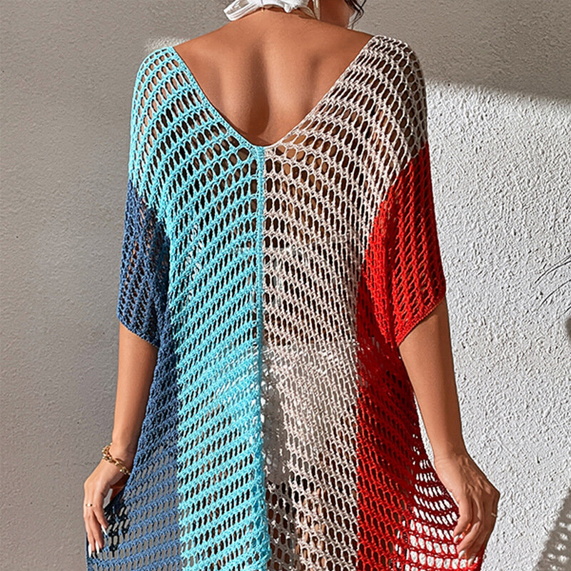 Biquíni de crochê multicolorido feminino, vestido de praia sexy com cintura oca, maiô da temporada, moda verão, borla, 2024