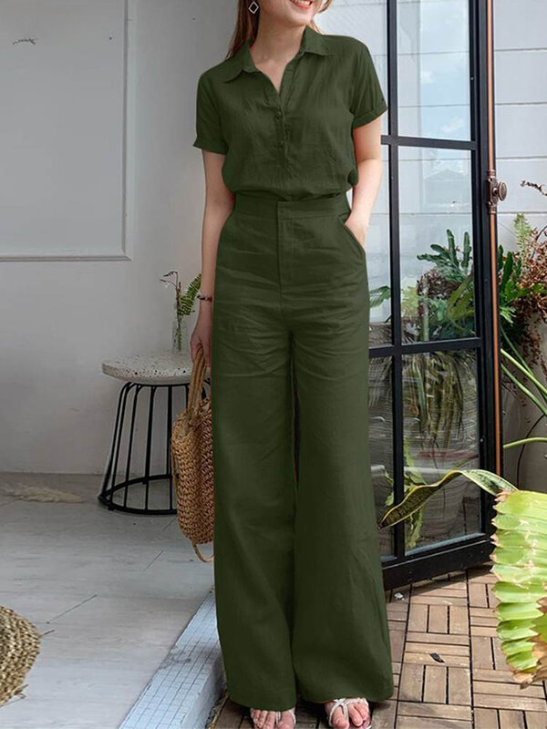2024 New Summer Women Matching Sets OL Work Outfits Causal Short Sleeve Shirt Loose Wide Leg Pants Fashion Suit Urban Tracksuits
