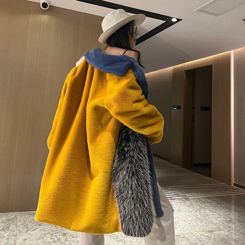 Chaqueta de piel sintética para mujer, abrigo largo peludo y cálido con contraste de Color azul y amarillo, 2023
