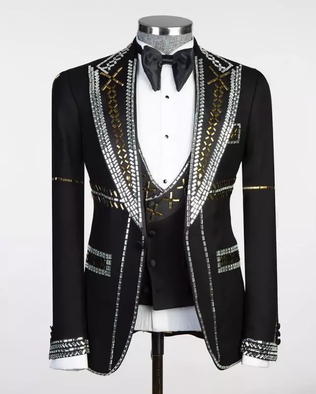 Conjunto de trajes con cristales brillantes para hombre, Blazer + chaleco + Pantalones, esmoquin de boda de novio de lujo, abrigo de botonadura única, chaqueta hecha a medida, 3 piezas