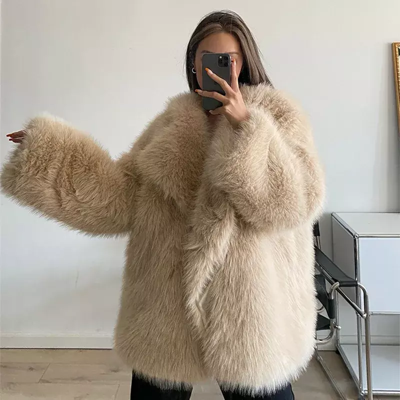 Casual Simple Solid Color Fur Women Coats Fashion Loose Turn-down Collar Long Sleeve Thicken and Warm Female Faux Fur Jackets