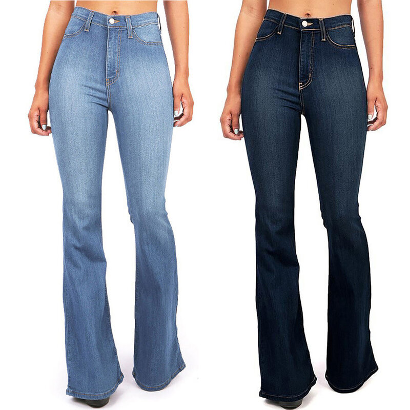 Women's Casual High Waist Flare Jeans Vintage Fashion Skinny Stretch Slim Pocket Denim Jeans Lady Sexy Button Denim Trousers
