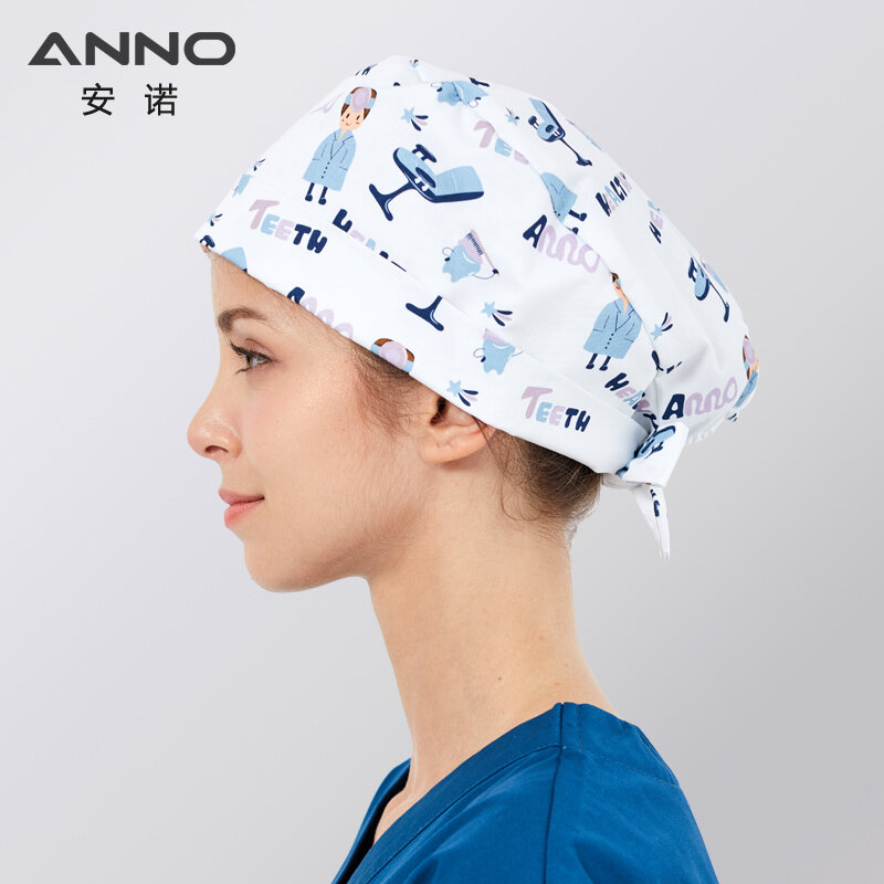 ANNOผ้าฝ้ายขัดหมวกผู้หญิงโรงพยาบาลหมอพยาบาลทำงานหมวกหมวกพยาบาลสั้นหรือยาวสวมใส่สัตว์กล่องพิมพ์