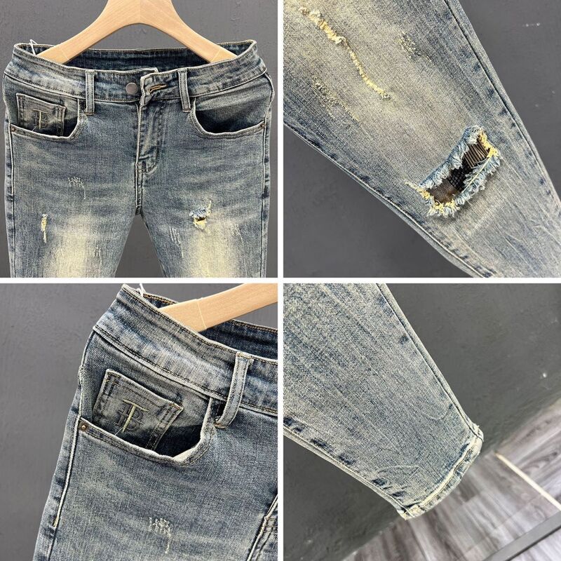 Moda 2024 nowość koreańska męska Vintage Blue Casual Slim spodnie dżinsowe na wiosnę jesień obcisłe potargane dżinsy odzież męska