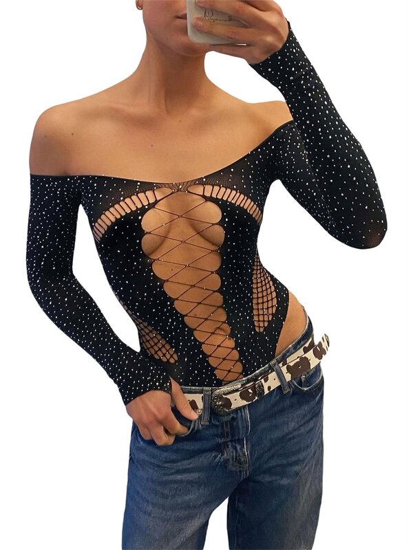Bodysuits for Women Off Sleeveless Body Suit Shiny RhinestoneLong Sleeve Hollow Out Slim Fit Tank Tops Going Out
