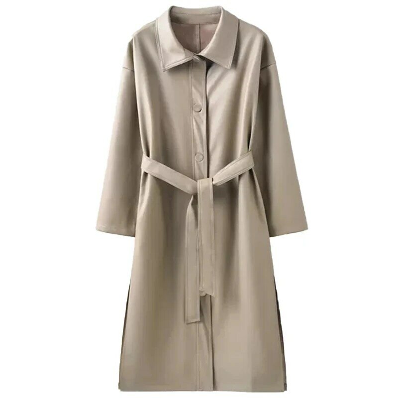 Mantel Trench kulit PU panjang untuk wanita, pakaian grosir gaya Korea longgar kancing sebaris musim gugur 2024