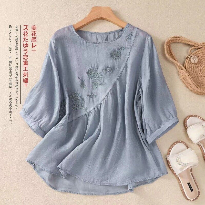 Retro Women's 2024 Summer New Pullover O-Neck Spliced Fashion Solid Embroidery Folds Loose Elegant Casual Short Sleeved Shirts