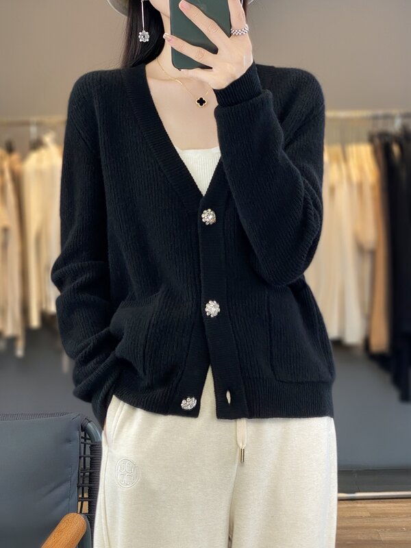 Spring Winter Women Clothing Cardigan Knitwear Aliselect Fashion Merino Wool Sweater V-Neck Full Sleeve Cashmere Tops